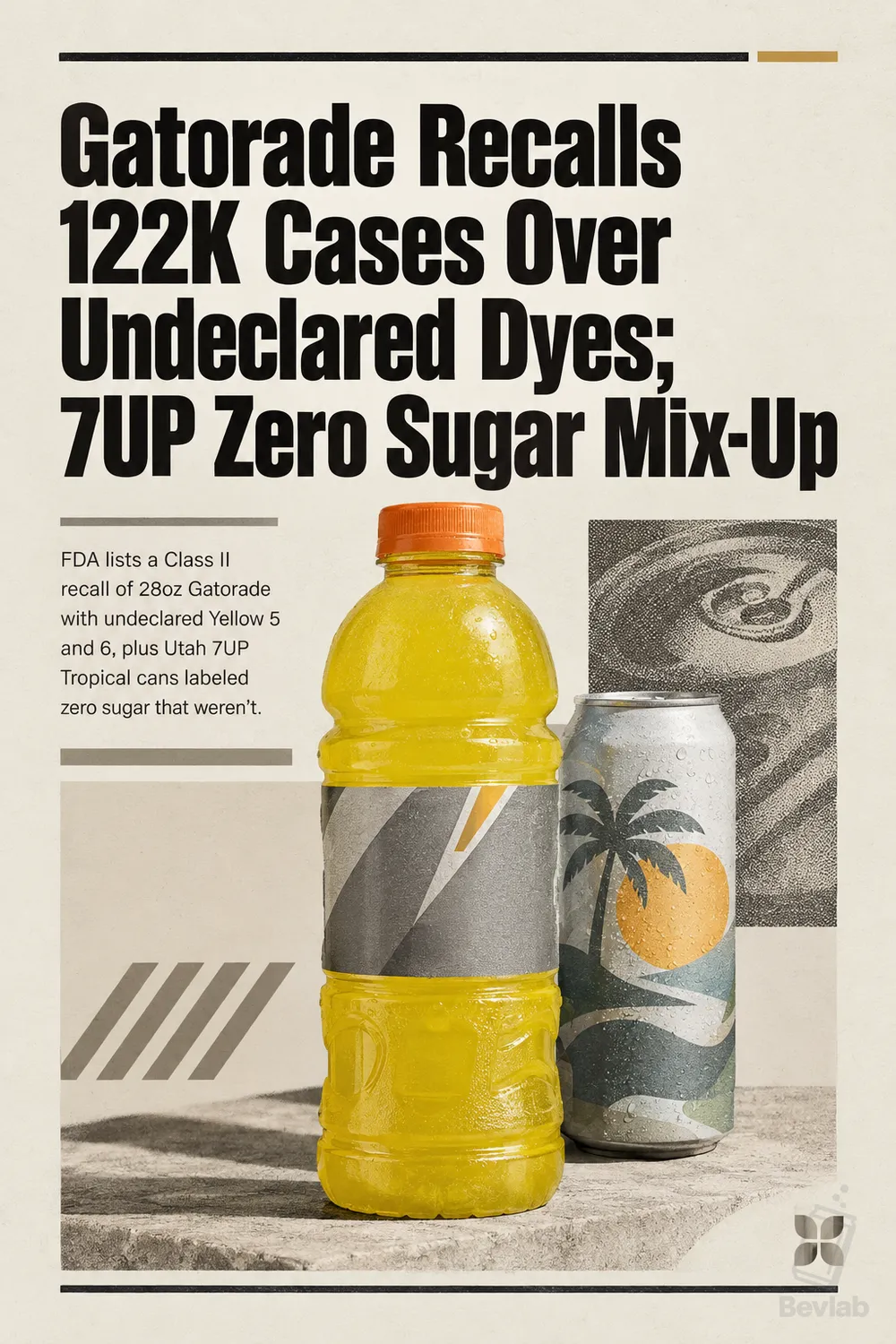 Illustration of a generic yellow sports drink bottle beside a palm-print soda can, under the headline about the Gatorade dye and 7UP Zero Sugar recalls