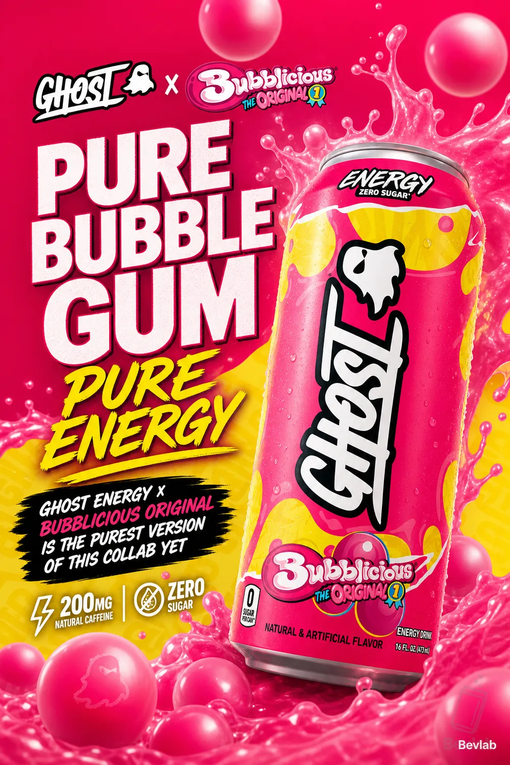 GHOST Energy x Bubblicious Original can with bright yellow and pink bubble gum branding