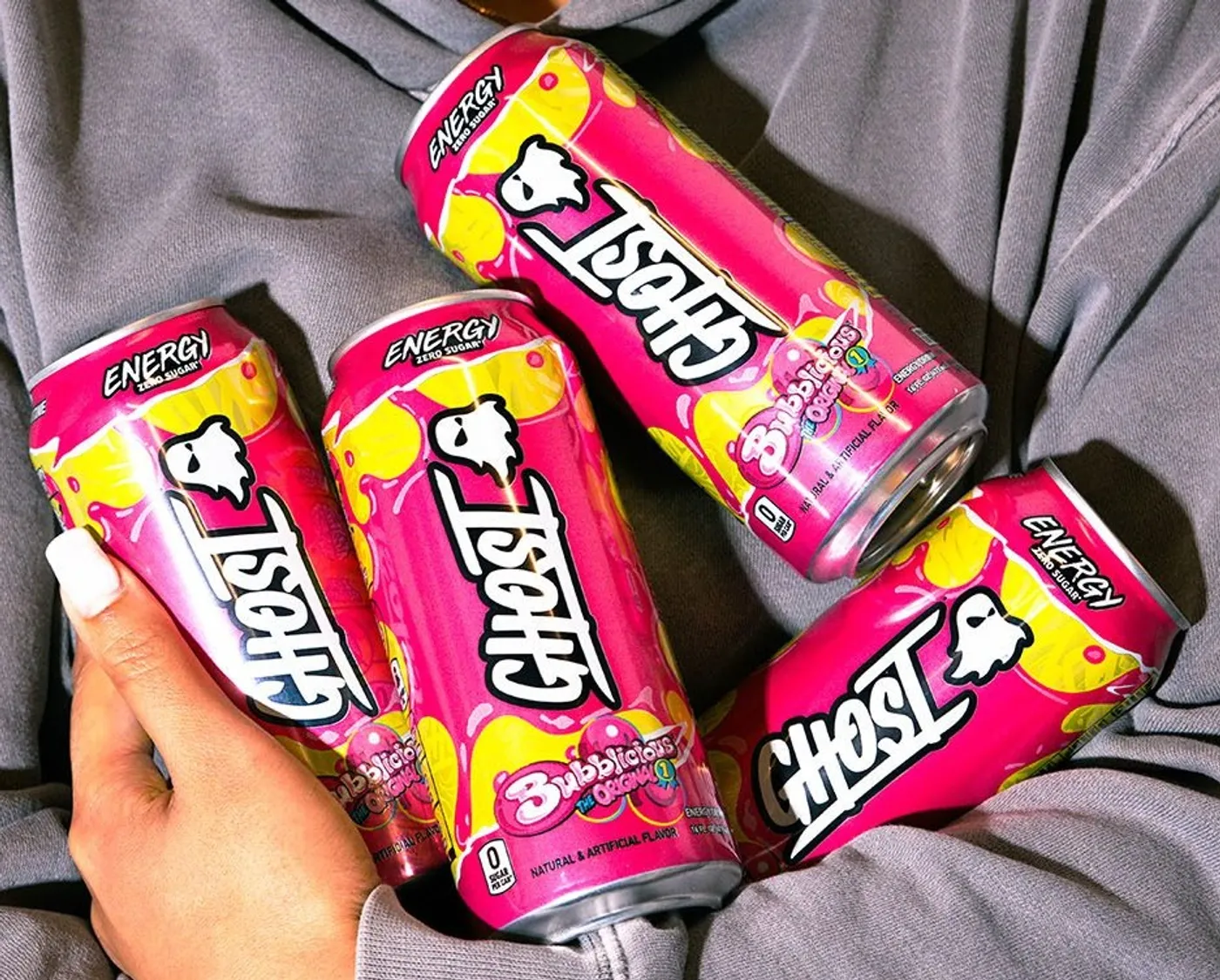 GHOST Energy x Bubblicious Original cans lined up showing the full summer limited-edition packaging