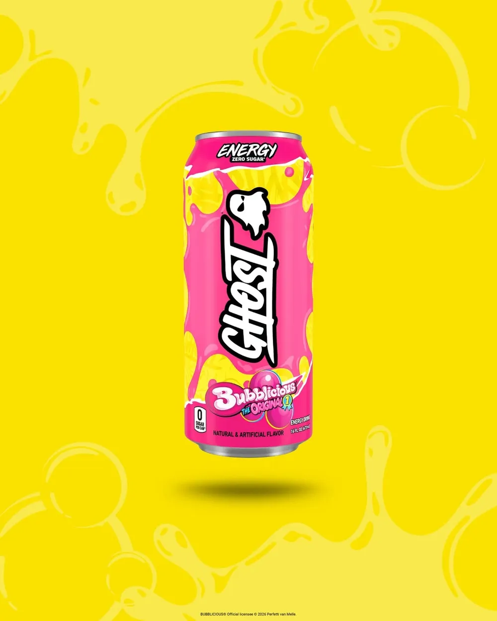 GHOST Energy Bubblicious Original flavor can against colorful background