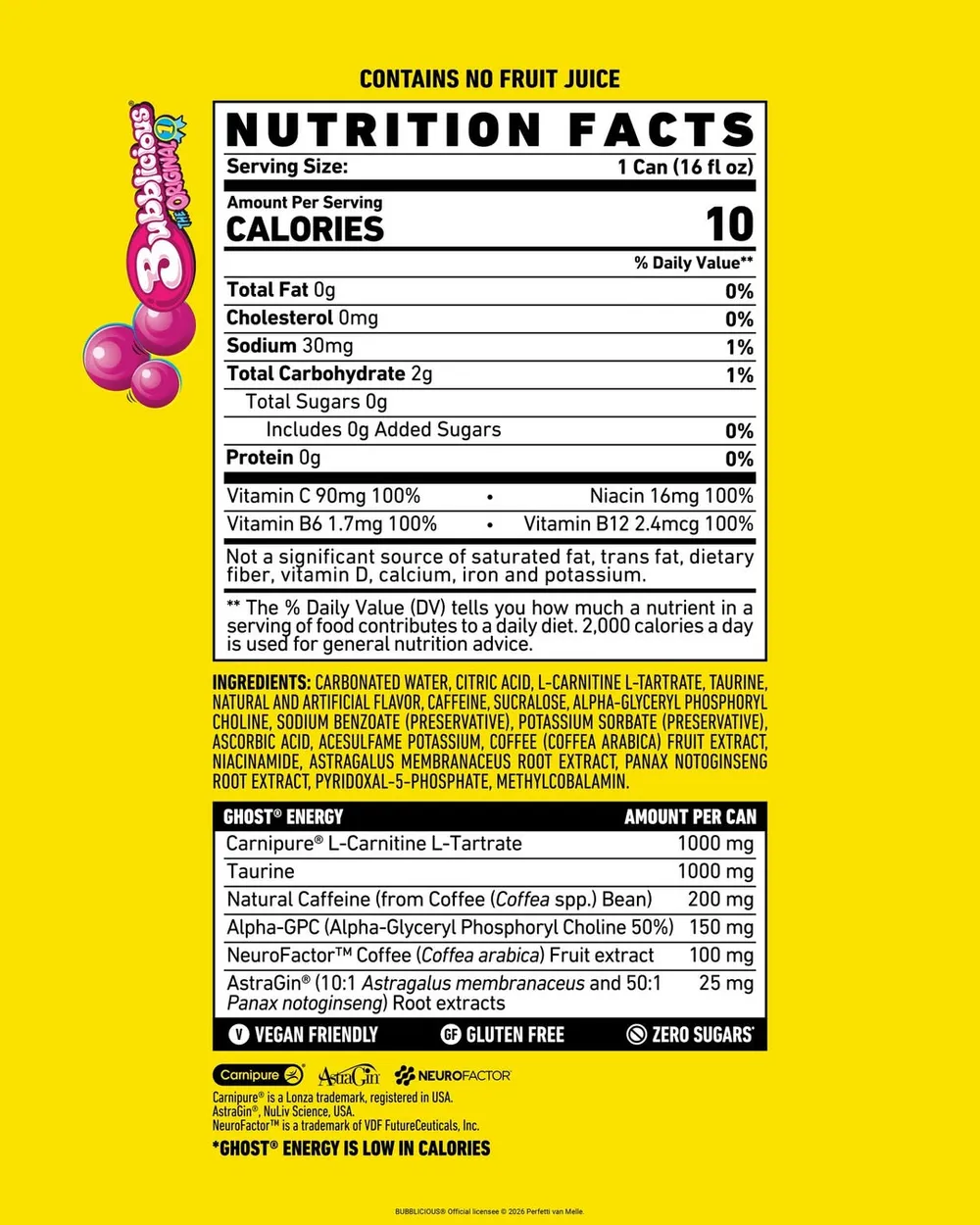 Ghost Energy Bubblicious Original Ingredients