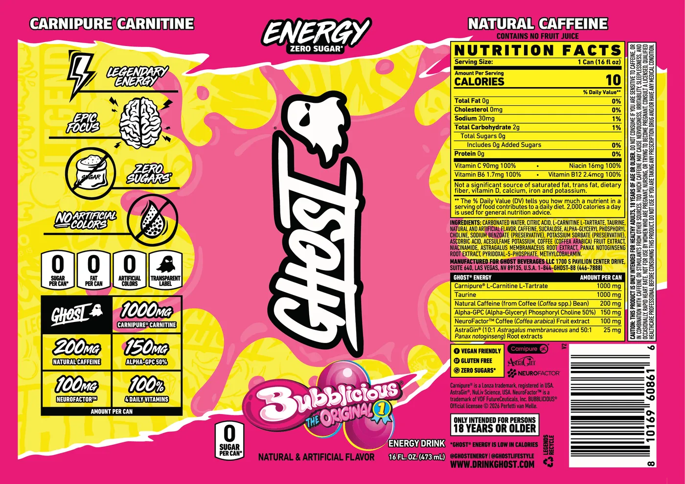 GHOST Energy Bubblicious Original nutrition label and ingredient panel