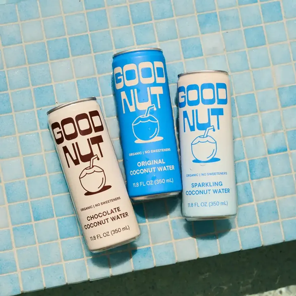 Good Nut Coconut Water variety pack showing original, sparkling, and chocolate cans