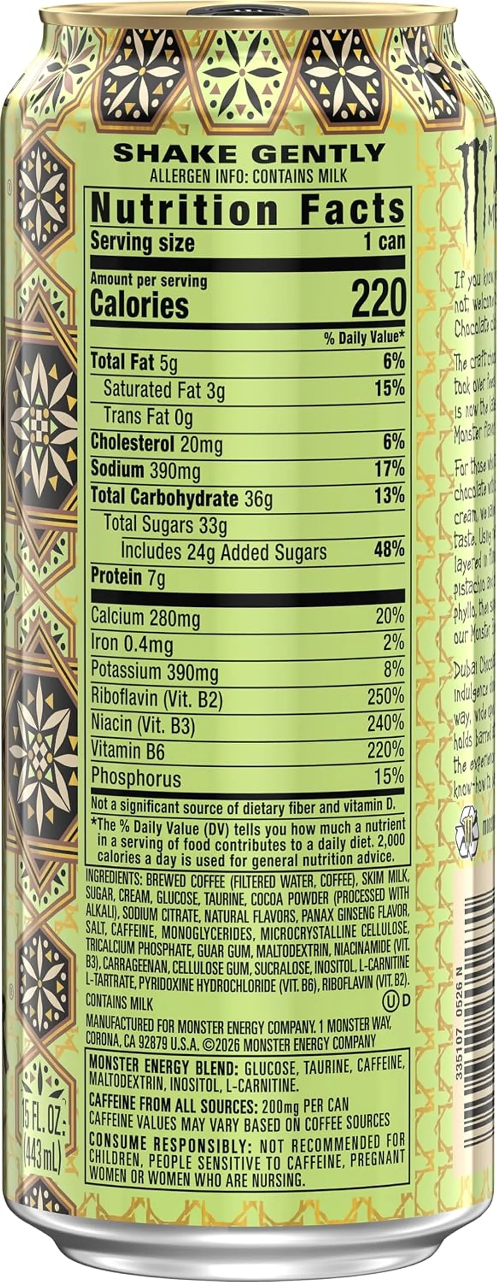 Side of the Java Monster Dubai Chocolate can