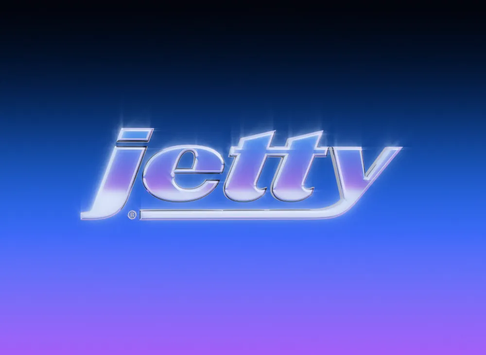 Jetty's slanted chrome wordmark logo on a blue-to-purple gradient