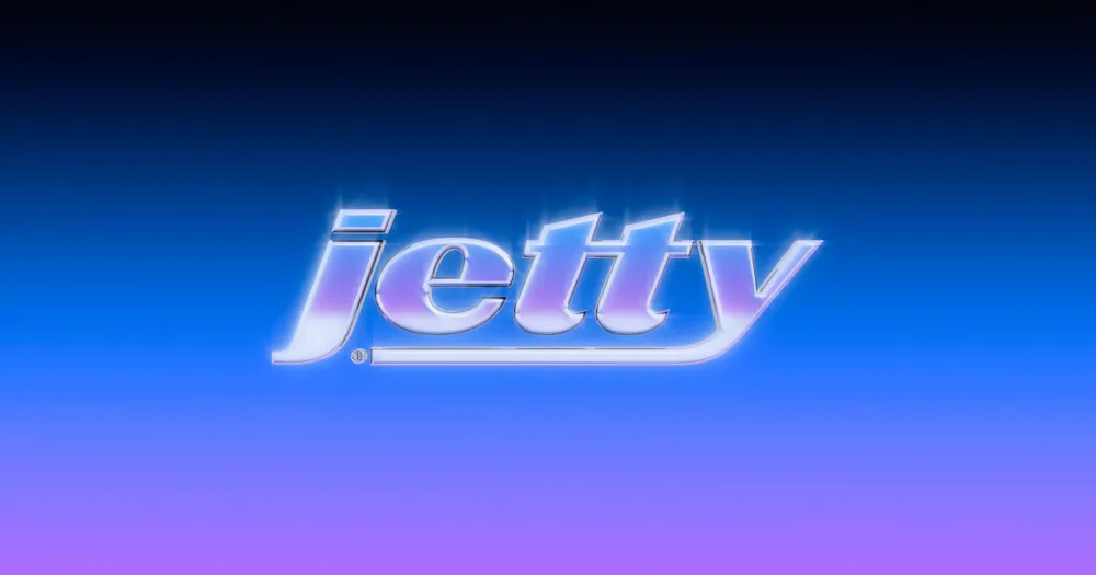 Jetty logo in chrome lettering on a blue and purple background, from the whatisjetty.com teaser site