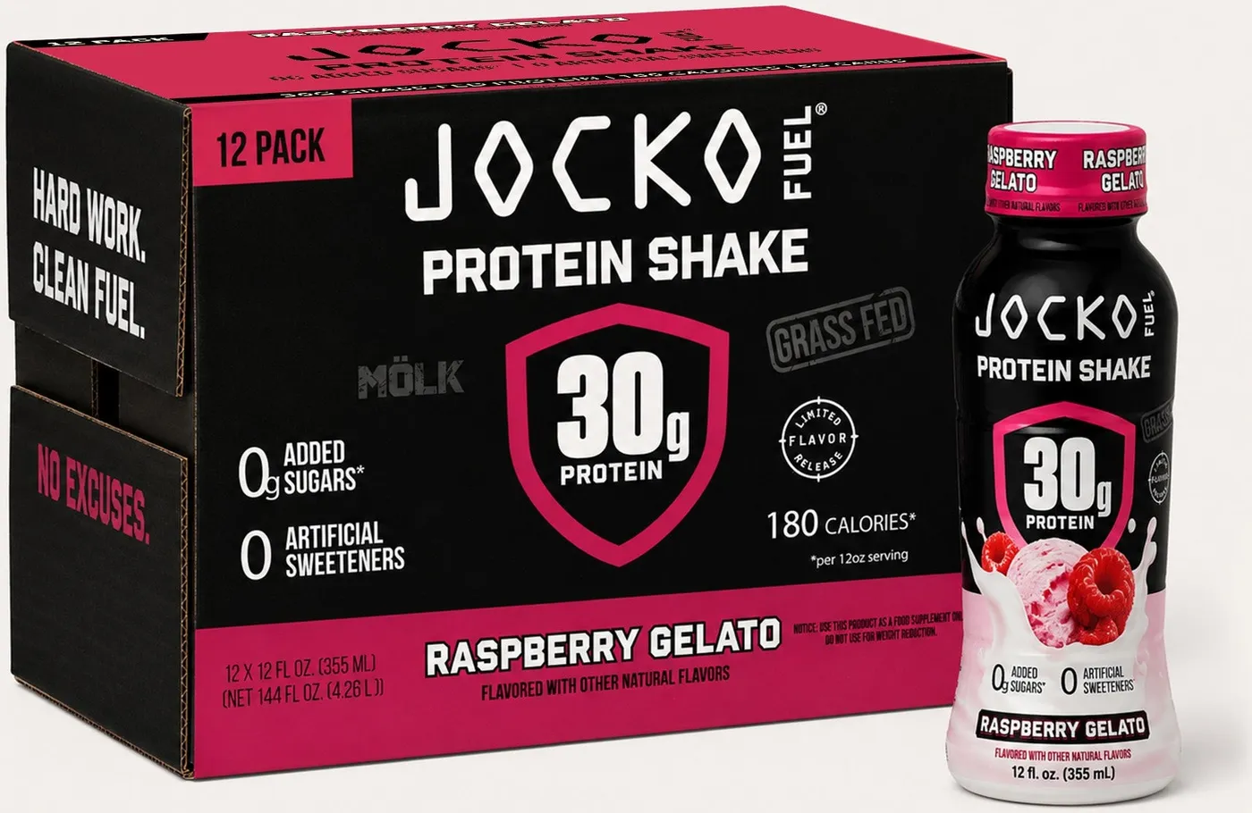 Case of Jocko MOLK Raspberry Gelato protein shakes