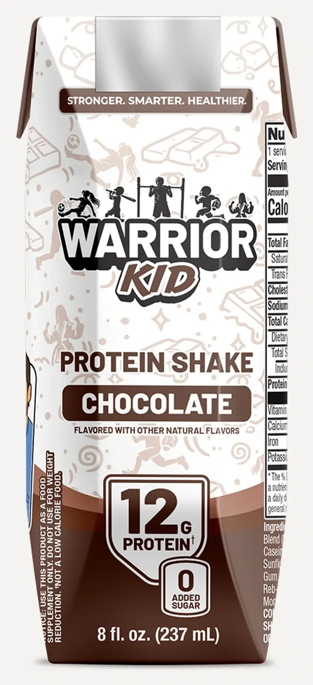 Front of the Warrior Kid Chocolate Protein Shake carton, an 8 fl oz carton marked 12g protein and 0g added sugar