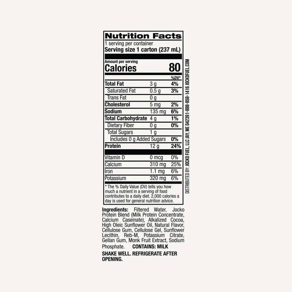 Nutrition Facts panel and ingredient list for the Warrior Kid Chocolate Protein Shake: 80 calories and 12g protein per carton