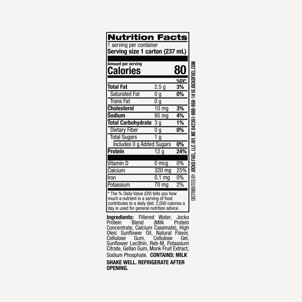 Nutrition Facts panel and ingredient list for the Warrior Kid Vanilla Protein Shake carton