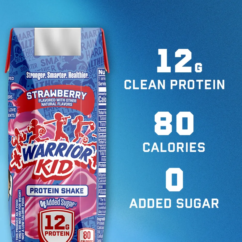 Warrior Kid Strawberry protein shake carton beside callouts for 12g protein, 80 calories and 0 added sugar