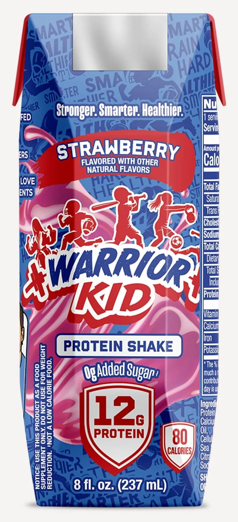 Front of the pink-and-blue Warrior Kid Strawberry Protein Shake carton