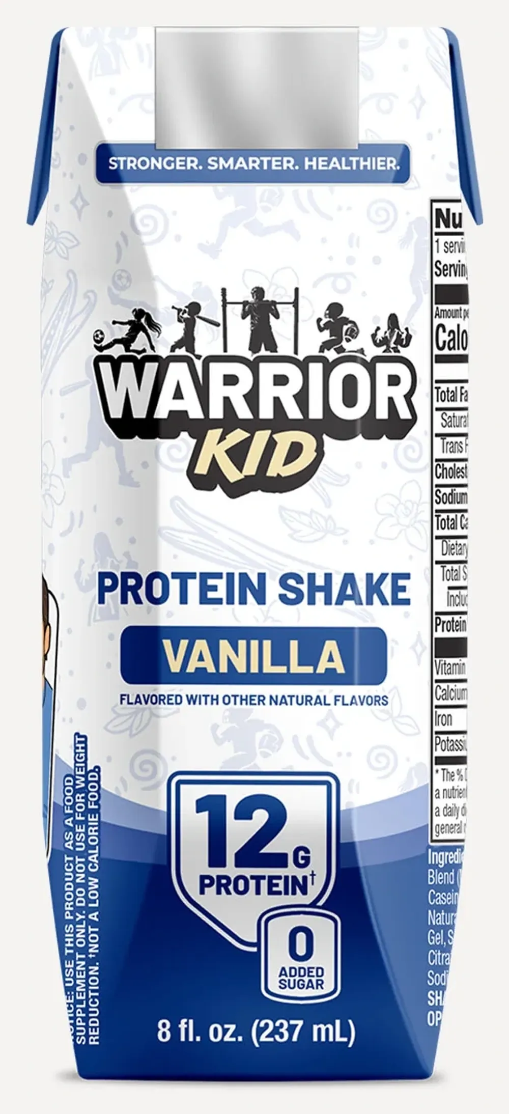 Front of the white-and-blue Warrior Kid Vanilla Protein Shake carton, 8 fl oz