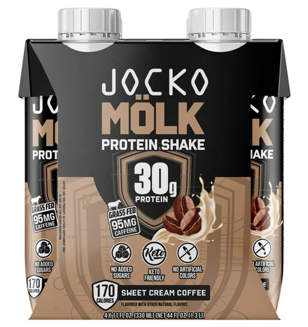 Jocko MOLK Sweet Cream Coffee 4-pack of black and tan cartons showing 30g protein, 95mg caffeine and 170 calories
