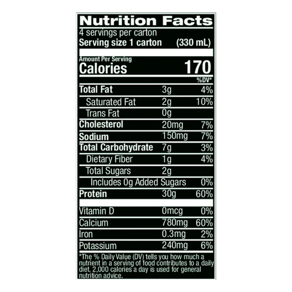 Jocko MOLK Sweet Cream Coffee Nutrition Facts panel listing 170 calories, 3g fat, 7g carbs, 30g protein and 240mg potassium per 330mL carton