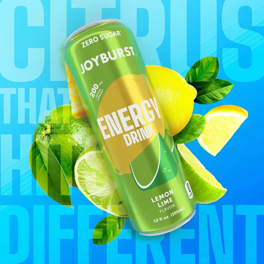 A tilted green Joyburst Energy Drink can is shown against a bright blue graphic background, surrounded by lemons, lime slices, and green leaves