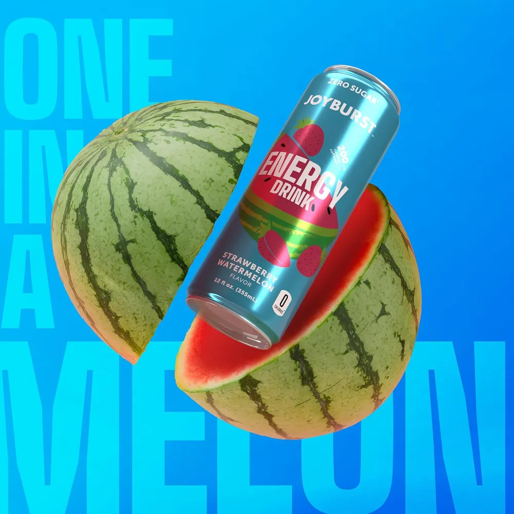 A turquoise Joyburst Energy Drink can labeled Strawberry Watermelon is tilted above a cut watermelon, with a watermelon half behind it