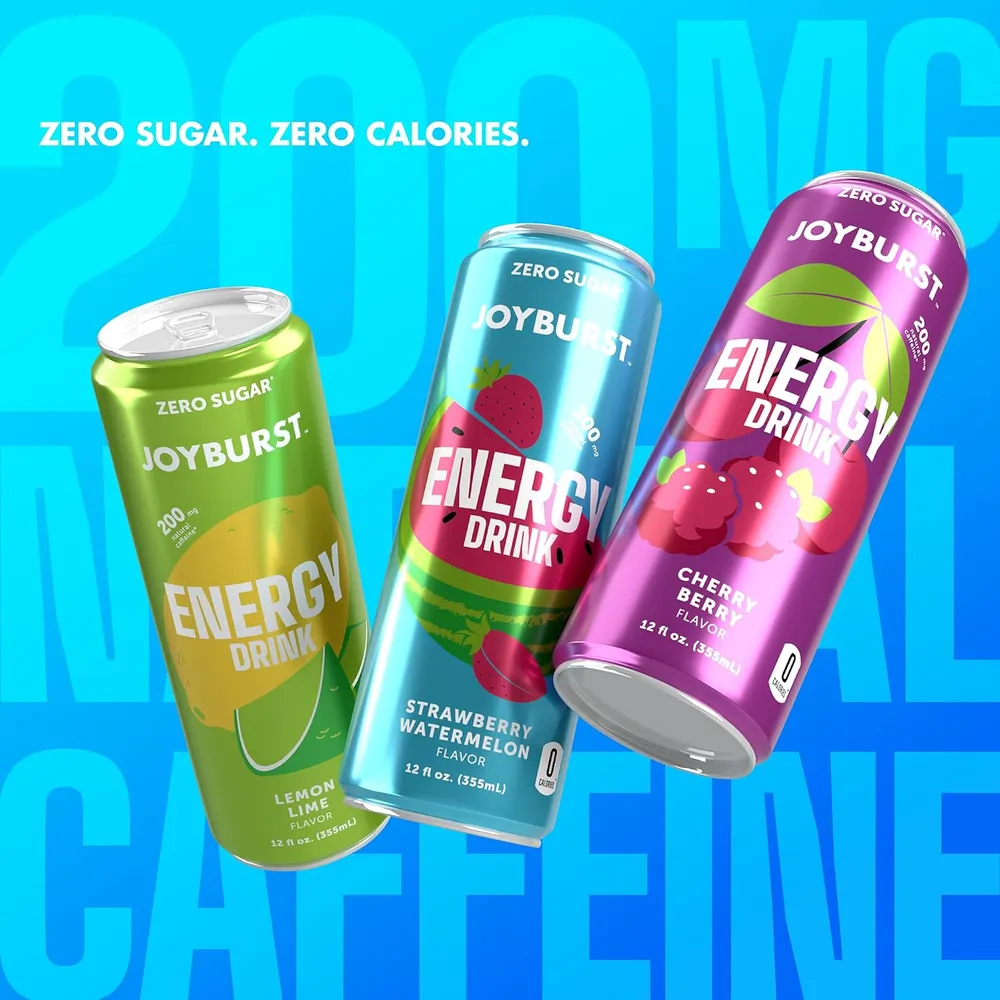 Three Joyburst Energy Drink cans are arranged diagonally against a bright cyan background with oversized lettering