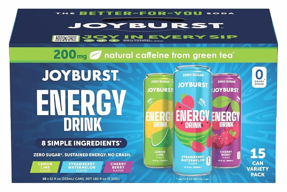 A Joyburst Energy Drink variety-pack box is shown against a plain white background, with three cans pictured on the front in lemon lime, strawberry watermelon, and cherry berry