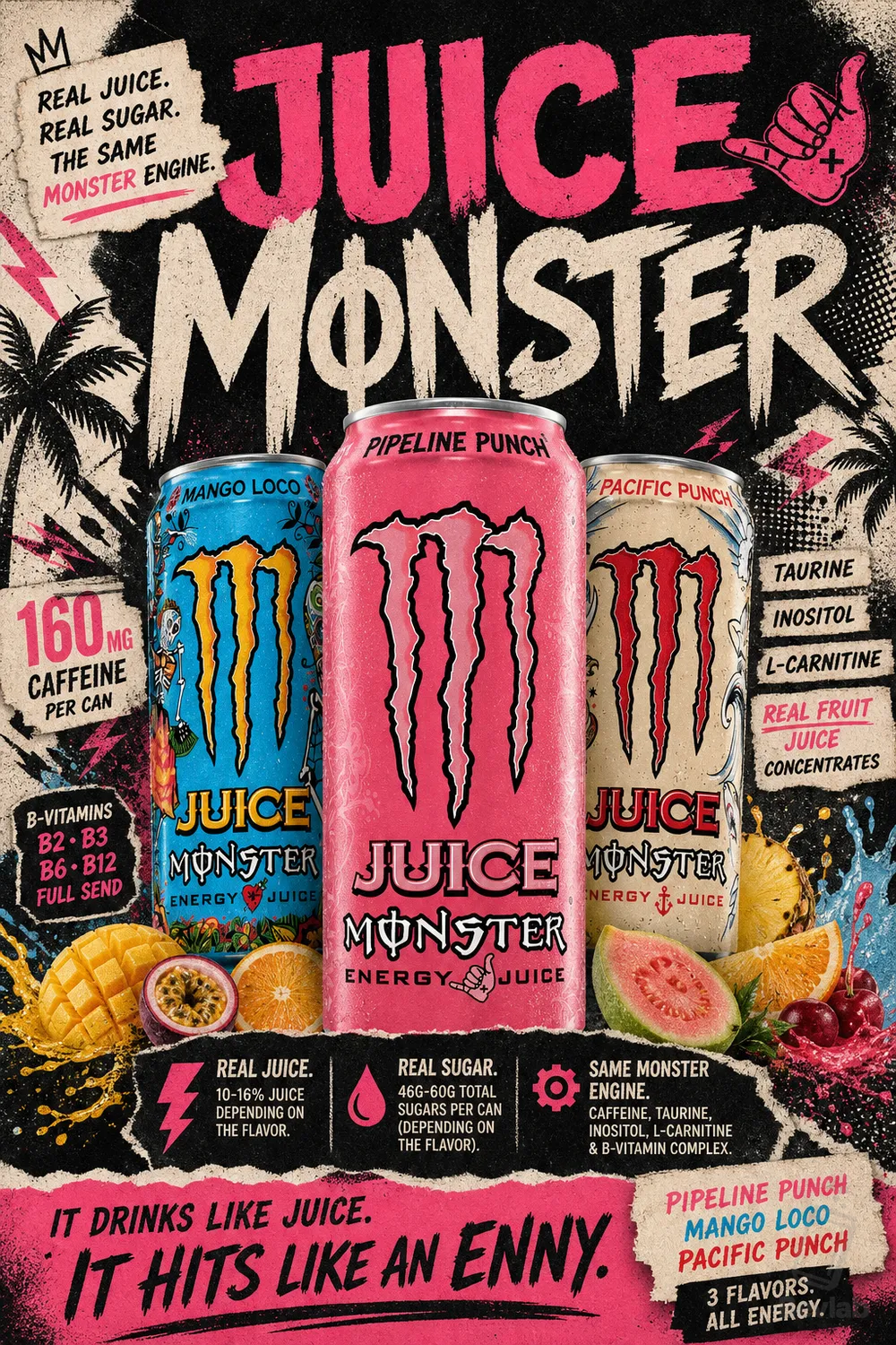 Juice Monster energy drink cans lineup