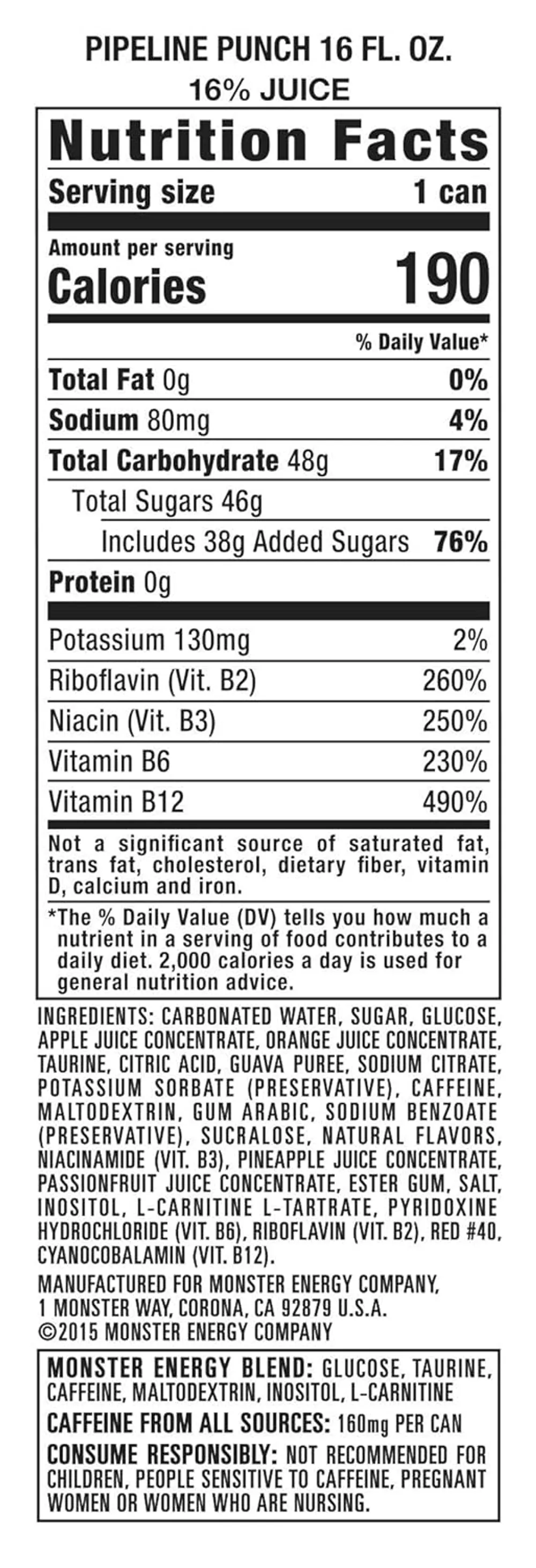 Juice Monster Pipeline Punch ingredient panel label