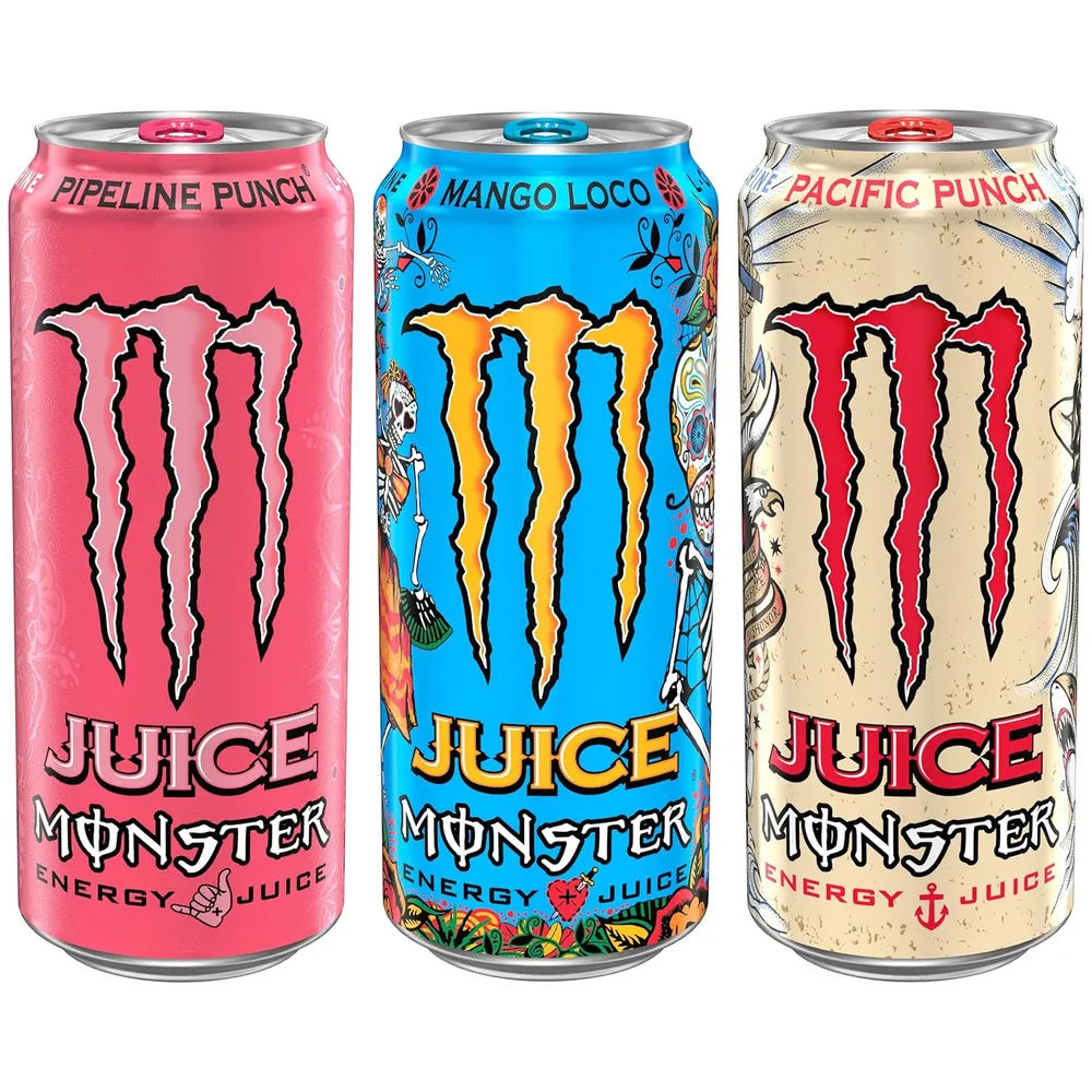 Juice Monster variety pack showing Pipeline Punch, Mango Loco, and Pacific Punch cans