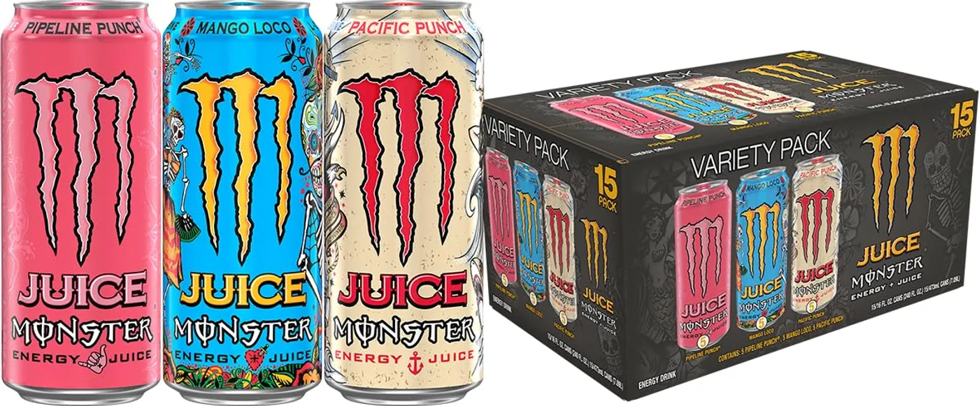 Juice Monster variety pack of Pipeline Punch, Mango Loco, and Pacific Punch cans