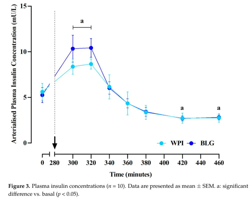 Line graph showing plasma insulin concentrations comparing beta-lactoglobulin and whey protein isolate over time