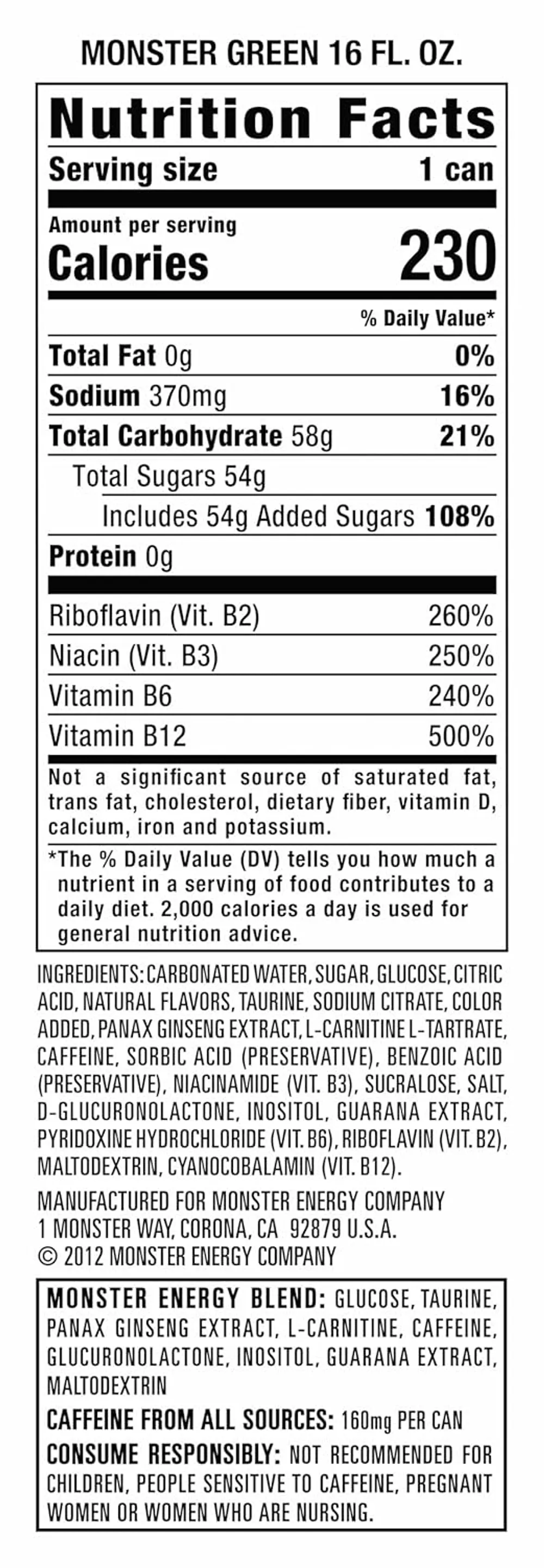 Monster Energy Drink ingredient panel showing taurine, caffeine, and energy blend listing