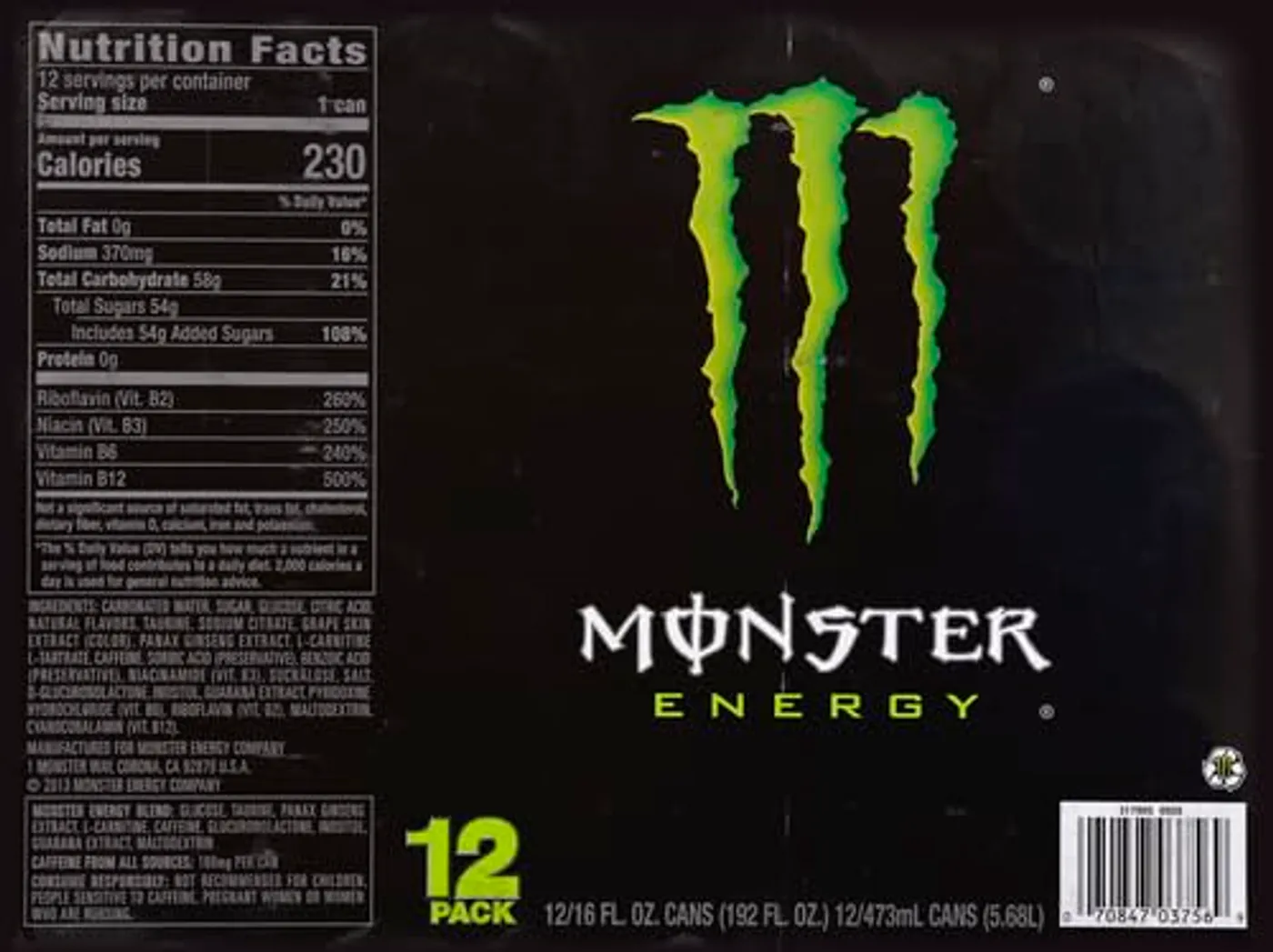 Monster Energy Drink original label showing ingredient and nutrition information