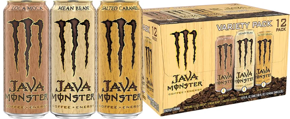 Three Java Monster coffee cans labeled Loca Moca, Mean Bean, and Salted Caramel are shown beside a wooden-look Java Monster variety pack box