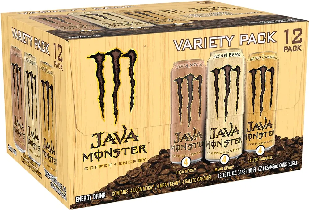 A cardboard 12-pack variety case for Java Monster coffee energy drinks is shown against a plain light background