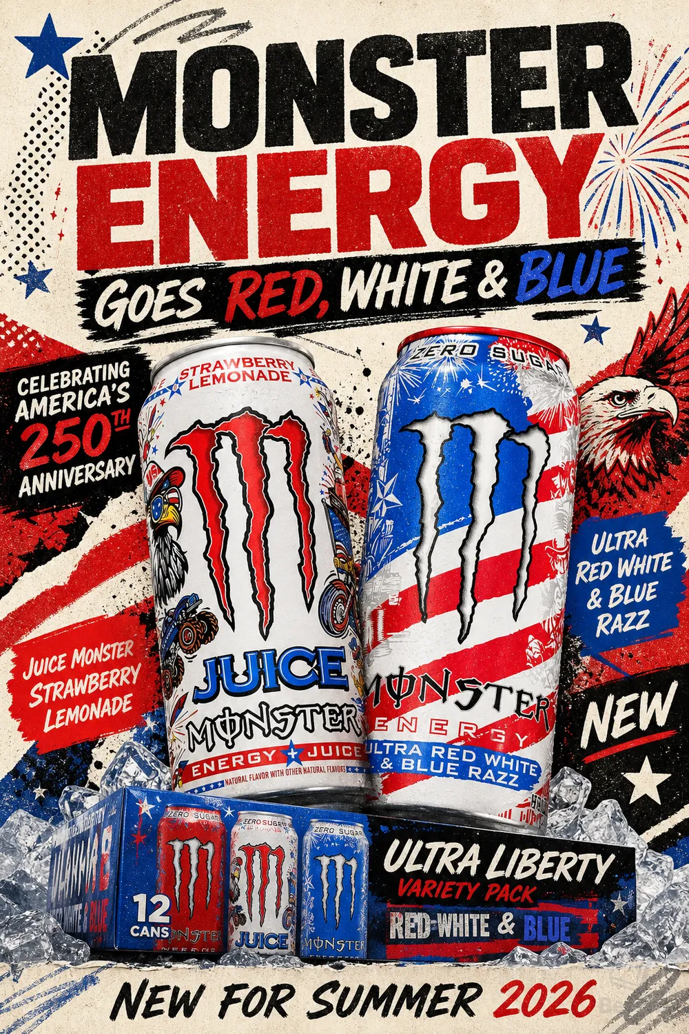 Monster Ultra Red White & Blue Razz and Juice Monster Strawberry Lemonade patriotic summer cans