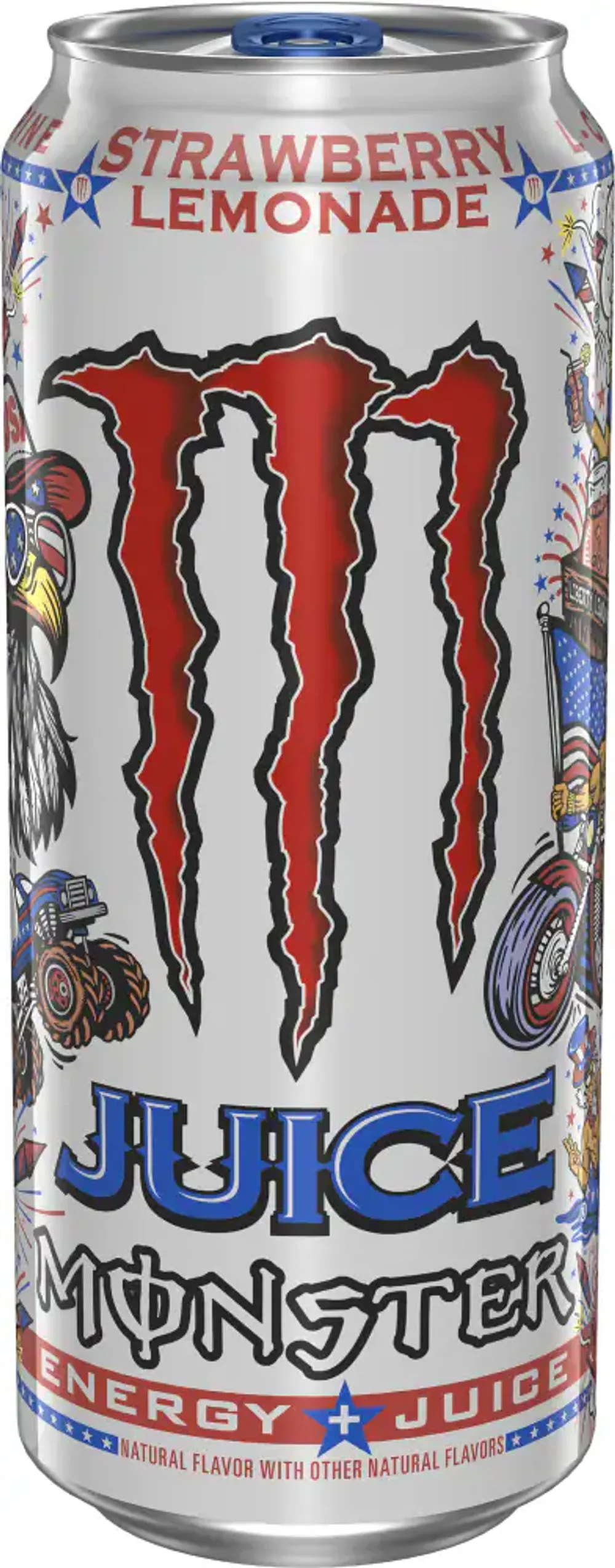 Juice Monster Strawberry Lemonade can with patriotic flag-bearing monster truck and George Washington illustration