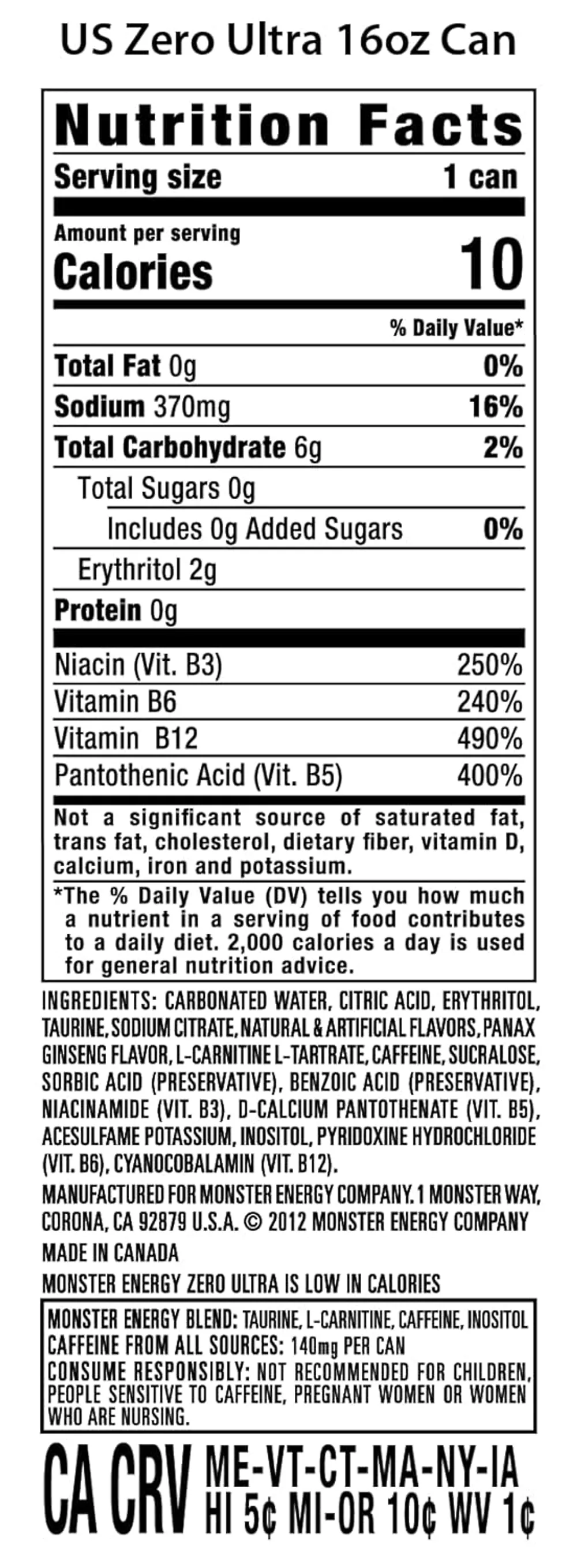 Monster Ultra ingredient panel and nutrition label