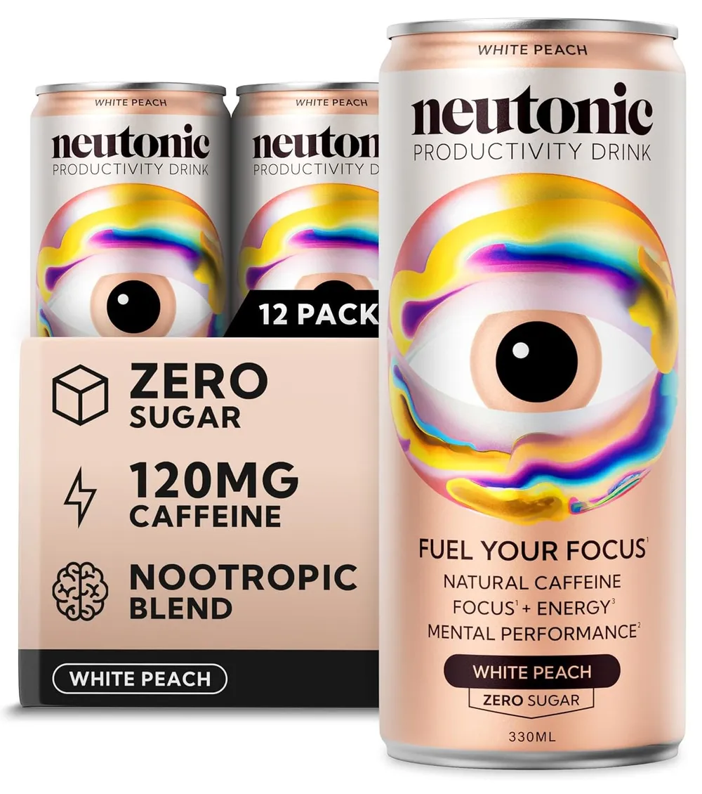 Neutonic Productivity Drink White Peach 12-pack box beside a front-facing White Peach can, with zero sugar, 120mg caffeine and nootropic blend callouts