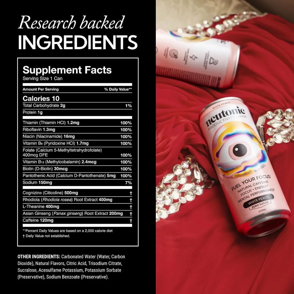 Neutonic White Peach Supplement Facts panel listing Cognizin 500mg, rhodiola 400mg, L-theanine 400mg, ginseng 200mg and caffeine 120mg, beside White Peach cans on red fabric