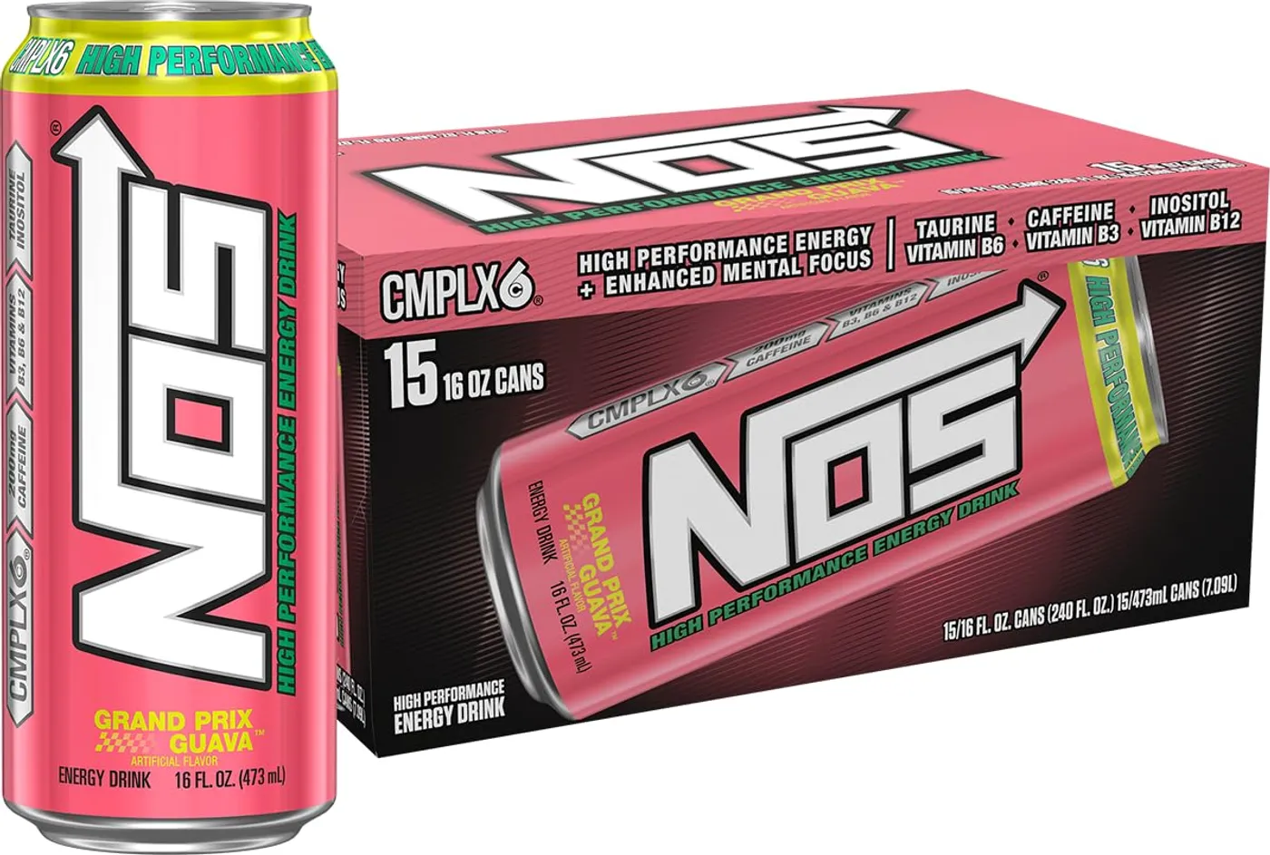 NOS Energy Drink Grand Prix Guava can and case