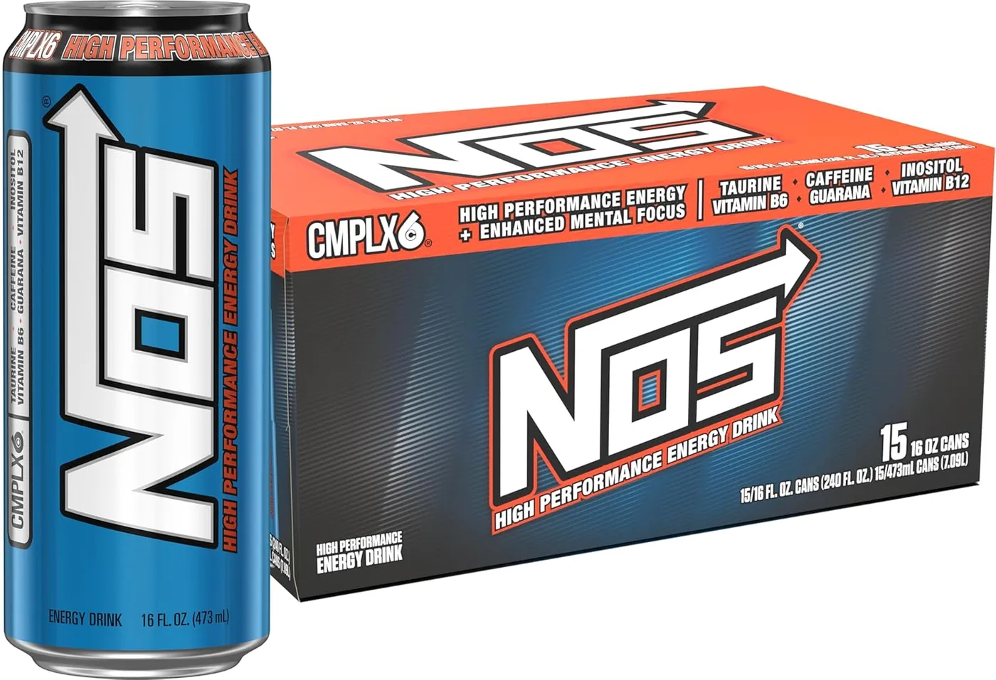 NOS Energy Drink Original can alongside a 15-pack case