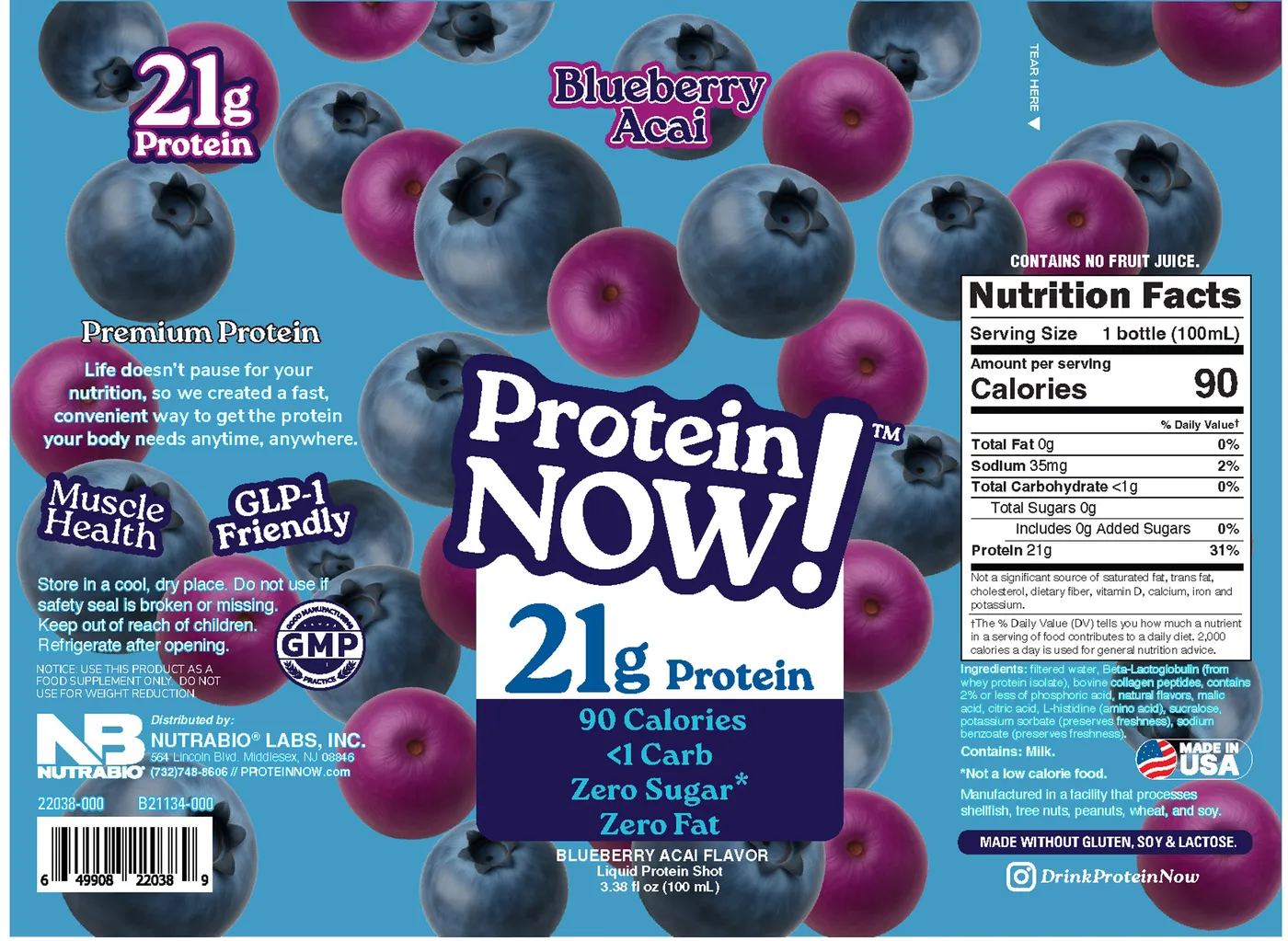 Protein Now! RTD label showing formula details including beta-lactoglobulin and collagen peptides