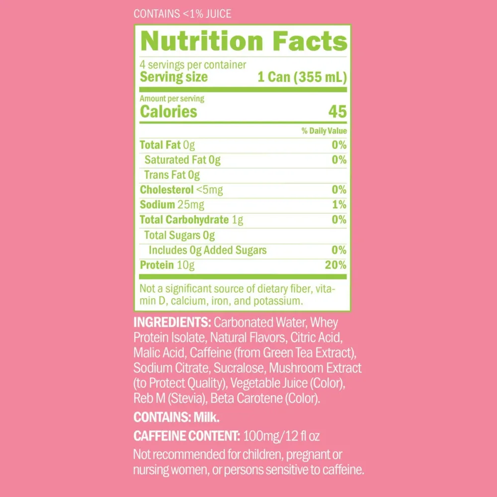 A close-up of a pink can label showing a Nutrition Facts panel and ingredient and caffeine information