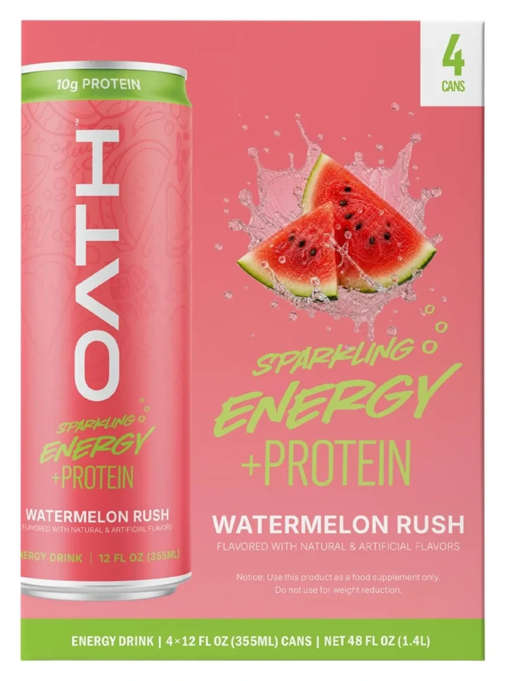 A pink Oath Nutrition Sparkling Energy + Protein four-can carton is shown against a pink background, with a matching can pictured at left