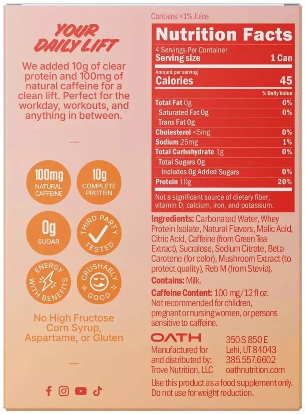 Oath Nutrition Energy + Protein drink label showing nutrition facts and ingredients