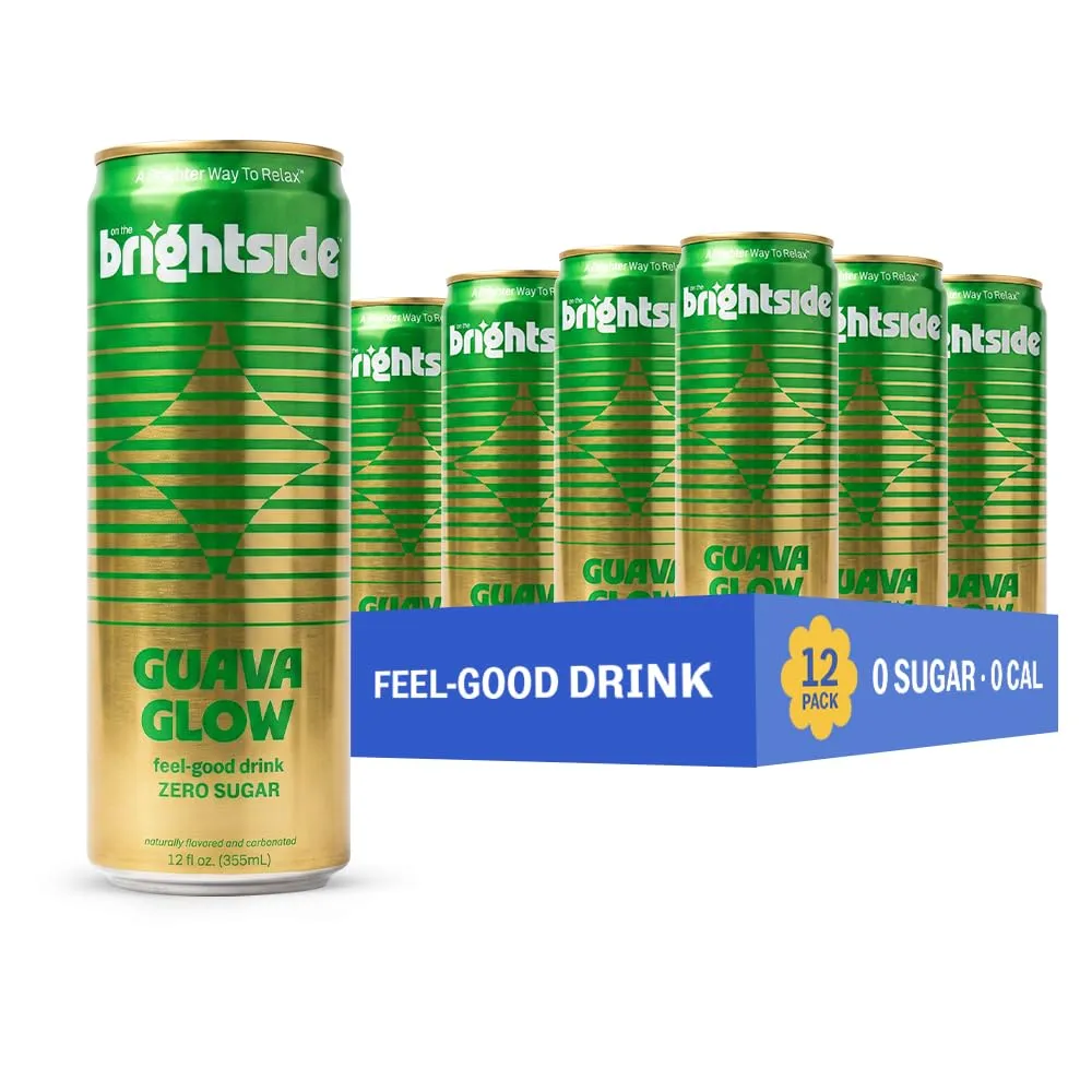 A lineup of green and gold On the Brightside soda cans appears against a white background, with one can prominent in front and a blue 12-pack carton behind the others
