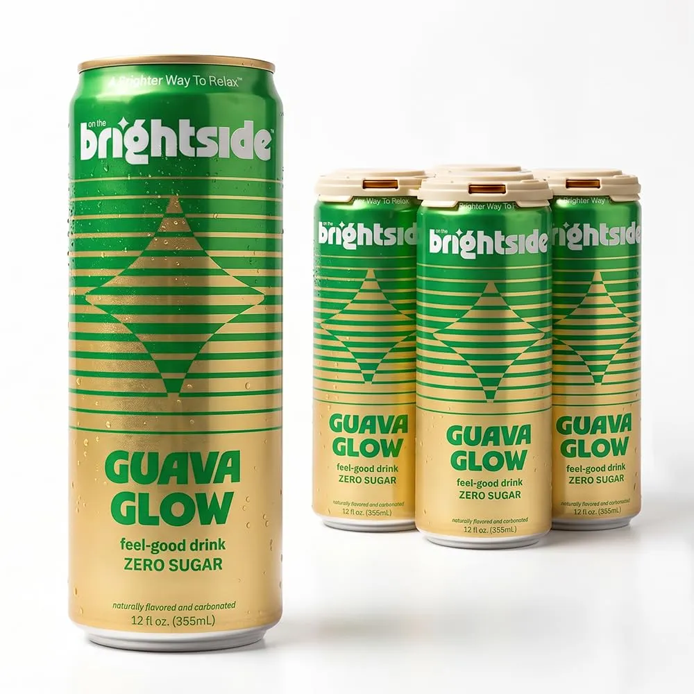 A green-and-gold On the Brightside soda can is shown prominently in front of a group of three matching cans against a white background
