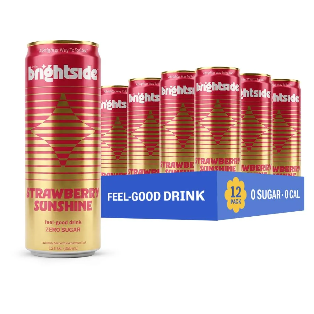 A single pink-and-gold can and a blue 12-pack carton of Brightside Strawberry Sunshine feel-good soda are shown against a white background