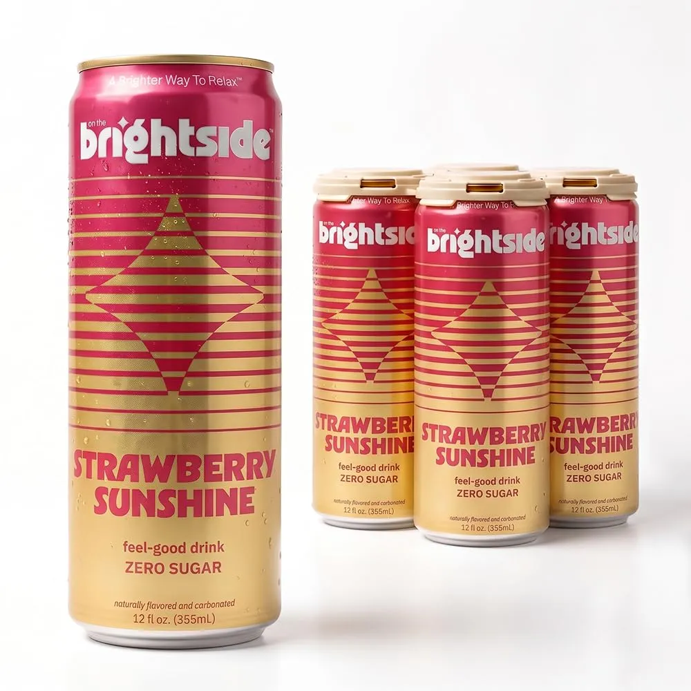 A pink-and-gold soda can labeled “brightside” and “Strawberry Sunshine” is shown prominently, with three matching cans grouped behind it against a white background