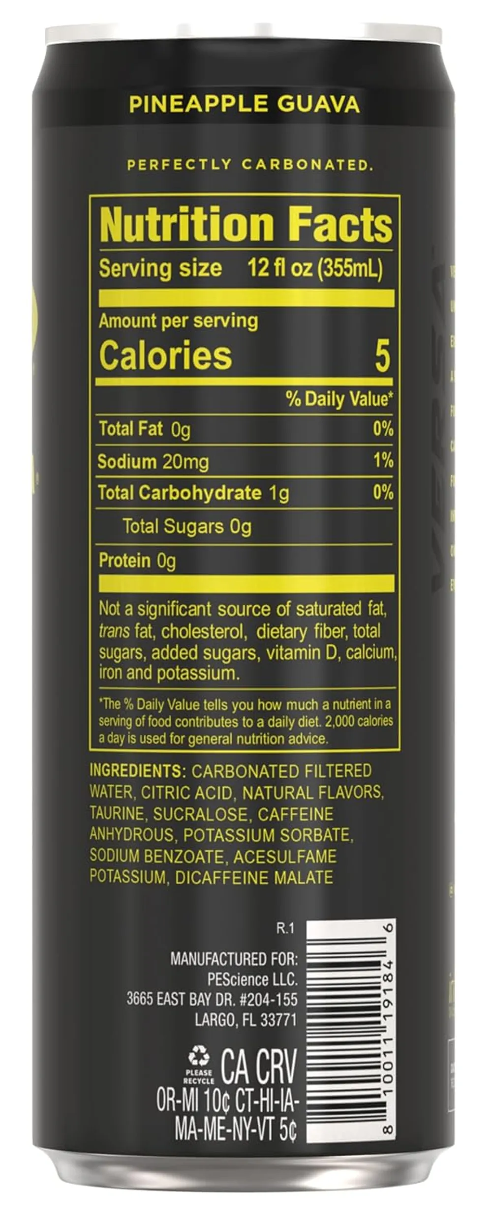 pescience versa energy drink pineapple guava can back