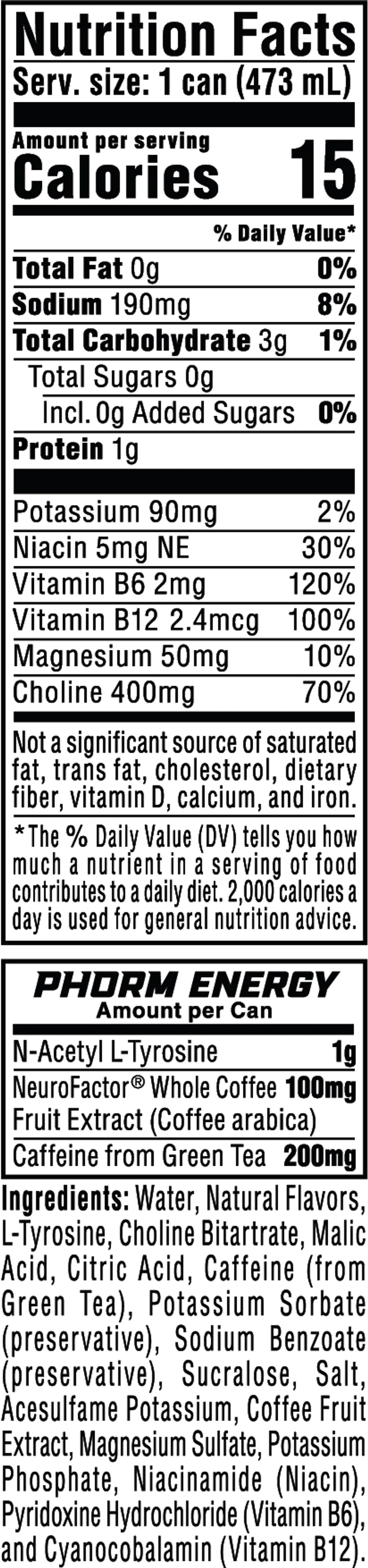 Phorm Energy nutrition facts panel showing choline, vitamins, and mineral content