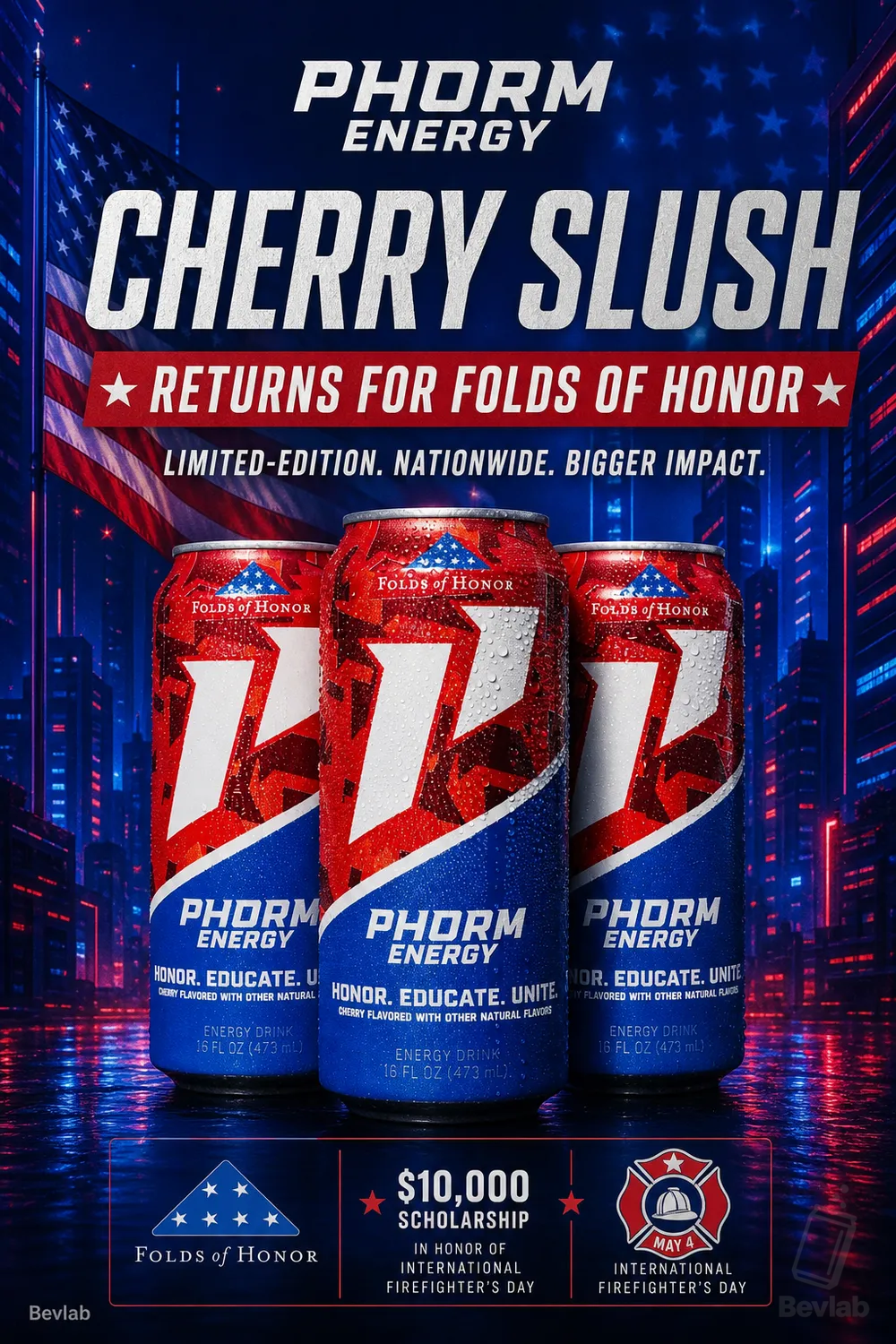 Phorm Energy Cherry Slush limited-edition Folds of Honor can in red, white, and blue